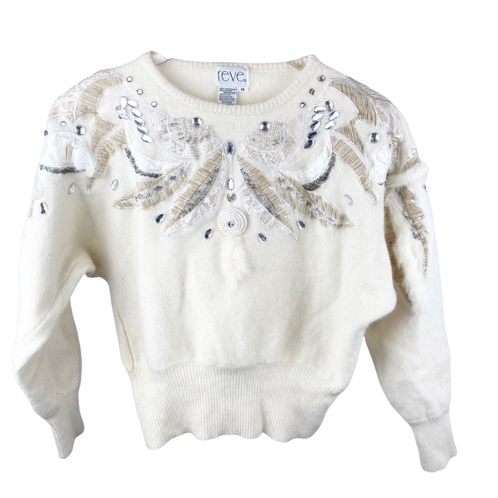 Vintage Reve Ivory Lambswool Rabbit Hair Angora Embroidered Sweater Size Medium